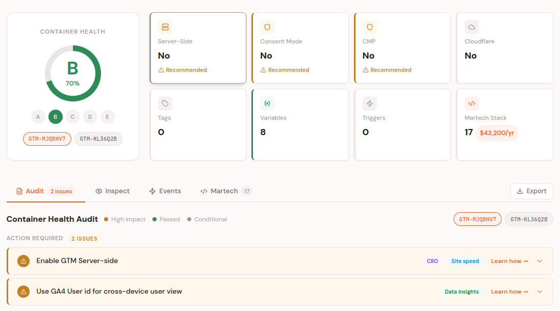 Tagstack GTM audit screenshot